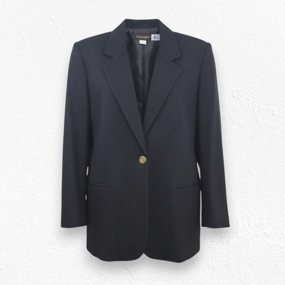 Vintage 90s Requirements Black Wool Blazer Crest Button Jacket Size 14 USA Made